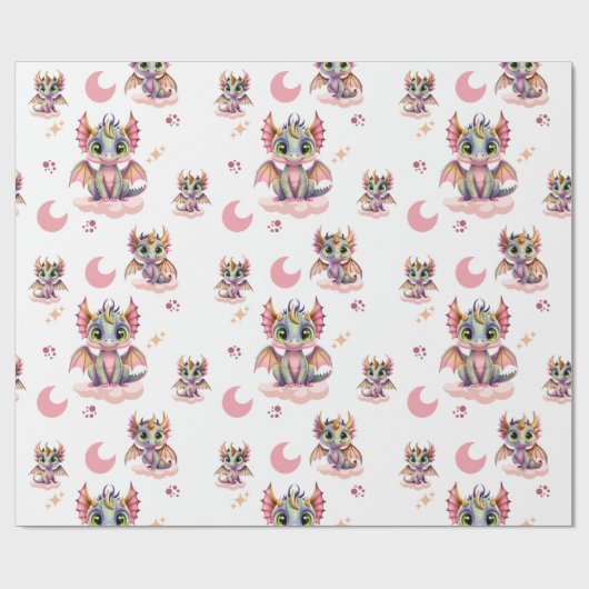 Niedliches rosa Drachenmuster Geschenkpapier (Flach)