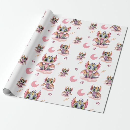 Niedliches rosa Drachenmuster Geschenkpapier (Ungerollt)