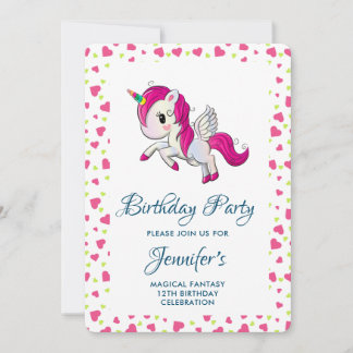 Niedliches Rosa Einhorn mit Flügeln Geburtstag Einladung