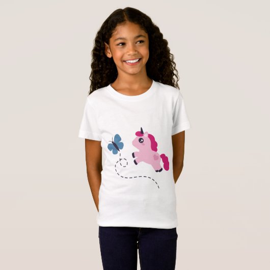 Niedliches Rosa Einhorn mit Schmetterling T-Shirt (Vorne ganz)