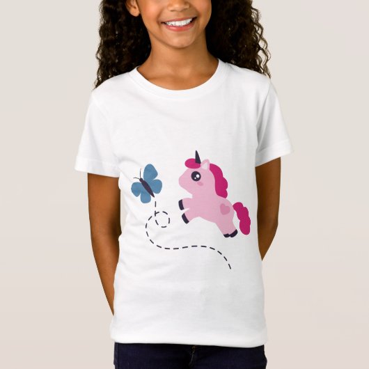 Niedliches Rosa Einhorn mit Schmetterling T-Shirt (Vorderseite)