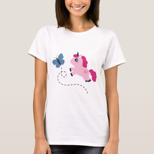Niedliches Rosa Einhorn mit Schmetterling T-Shirt (Vorderseite)