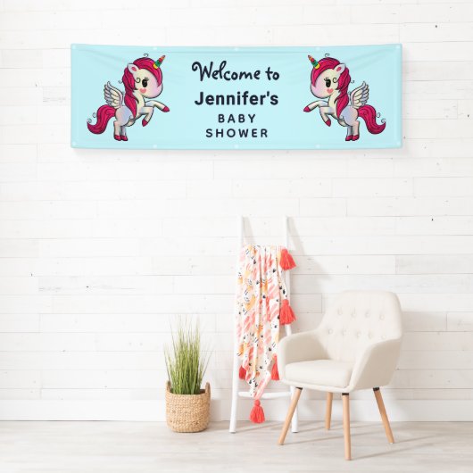Niedliches Rosa Einhorn mit Wings Baby Dusche Banner (Insitu)