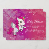 Niedliches Rosa Einhorn mit Wings Baby Dusche Einladung (Vorne/Hinten)