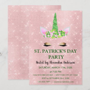 Niedliches Rosa Einhorn St. Patrick's Day Party Einladung