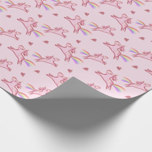 Niedliches rosa Einhorn- und Herzklappenmuster Geschenkpapier (Ecke)