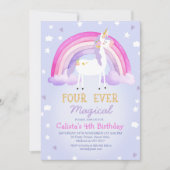 Niedliches Rosa Einhorn Vier mal Magische 4. Gebur Einladung (Vorderseite)