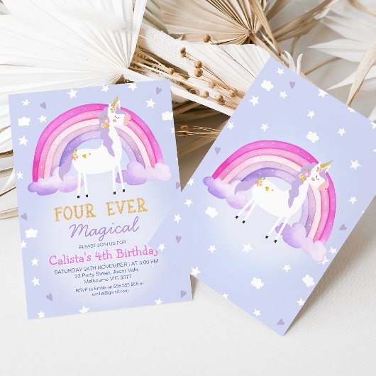 Niedliches Rosa Einhorn Vier mal Magische 4. Gebur Einladung