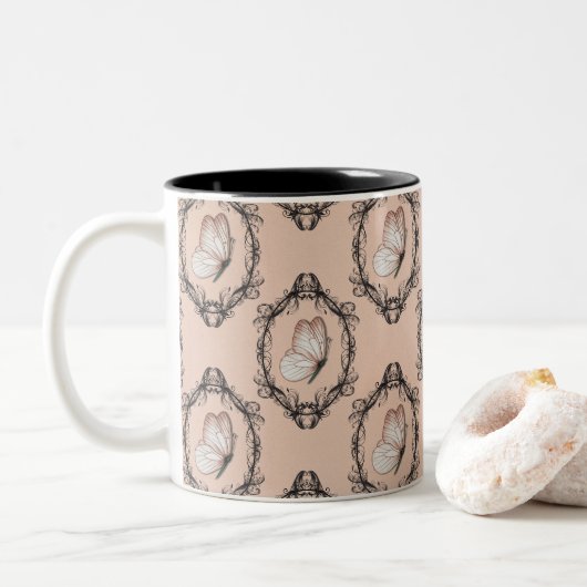 Niedliches rosa elegantes Schmetterlingsmuster Zweifarbige Tasse (Mit Donut)