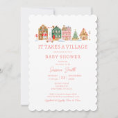 Niedliches Rosa Es nimmt ein Dorf Weihnachtsdusche Einladung (Vorderseite)