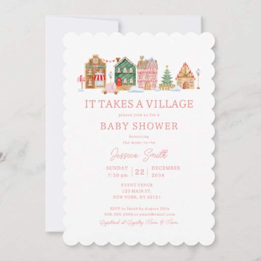 Niedliches Rosa Es nimmt ein Dorf Weihnachtsdusche Einladung (Vorderseite)