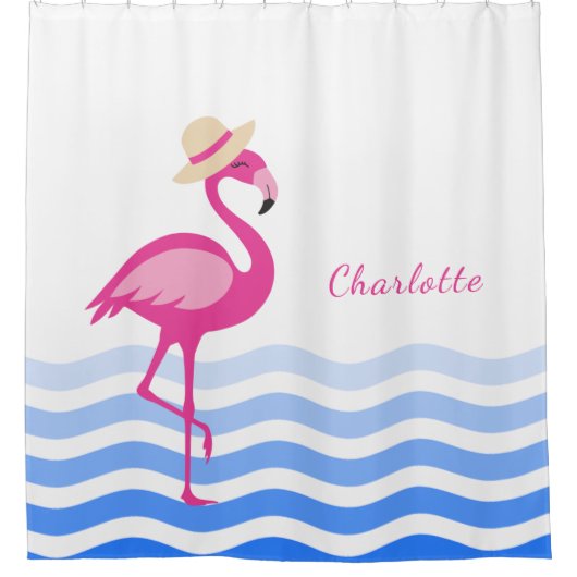 Niedliches Rosa Flamingo Seewellen Monogramm Duschvorhang (Vorderseite)