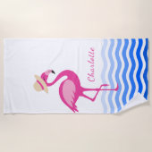 Niedliches Rosa Flamingo Seewellen Monogramm Strandtuch (Vorderseite)