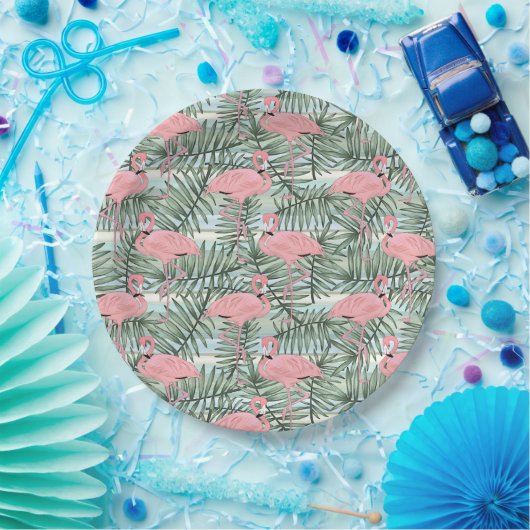 Niedliches rosa Flamingoes Palm Leafs Art Pattern Pappteller (Party)