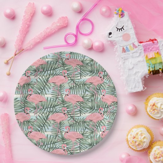 Niedliches rosa Flamingoes Palm Leafs Art Pattern Pappteller (Party)