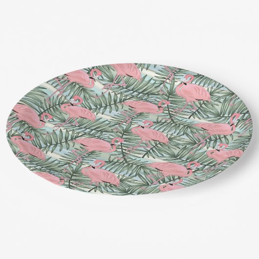 Niedliches rosa Flamingoes Palm Leafs Art Pattern Pappteller (Schrägansicht)