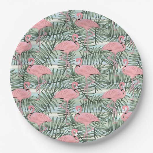 Niedliches rosa Flamingoes Palm Leafs Art Pattern Pappteller (Vorderseite)
