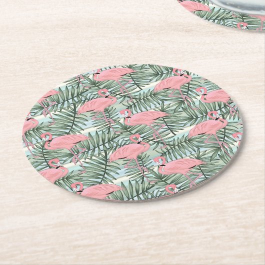 Niedliches rosa Flamingoes Palm Leafs Art Pattern Runder Pappuntersetzer (Angewinkelt)