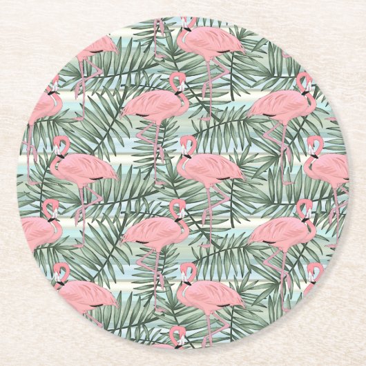 Niedliches rosa Flamingoes Palm Leafs Art Pattern Runder Pappuntersetzer (Vorderseite)