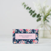 Niedliches, rosa, florales Muster auf Navy Blue Visitenkarte (Stehend Vorderseite)