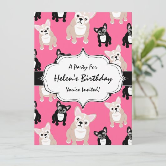 Niedliches rosa französische Bulldoggen-Muster Einladung (Stehend Vorderseite)
