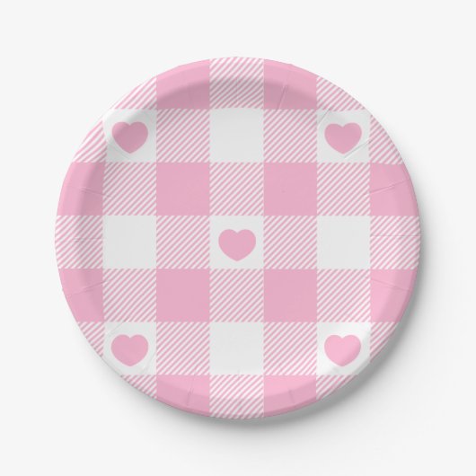 Niedliches Rosa Gingham Vichy mit Herz Pappteller (Vorderseite)