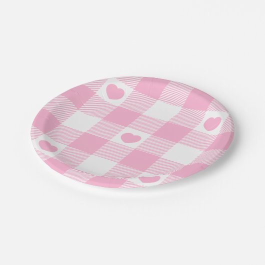 Niedliches Rosa Gingham Vichy mit Herz Pappteller (Schrägansicht)