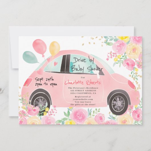 Niedliches rosa Goldauto mit Babydusche Einladung (Vorderseite)