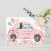 Niedliches rosa Goldauto mit Babydusche Einladung (Stehend Vorderseite)
