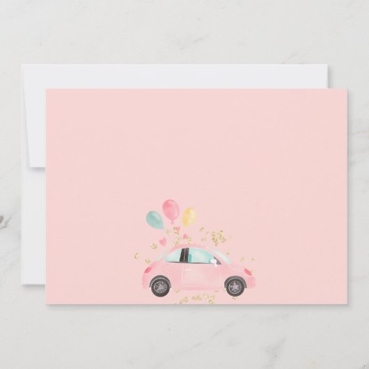 Niedliches rosa Goldauto mit Babydusche Einladung (Rückseite)