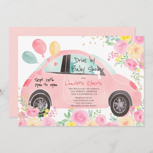 Niedliches rosa Goldauto mit Babydusche Einladung (Vorne/Hinten)