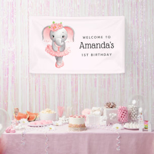 Niedliches Rosa & Grau Elephant Ballerina Party Wi Banner