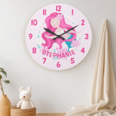 Niedliches Rosa Haar Meerjungfrau Mädchen Fantasy Große Wanduhr