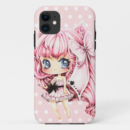 Niedliches rosa-haariges Anime chibi Mädchen Case-Mate iPhone Hülle (Rückseite)