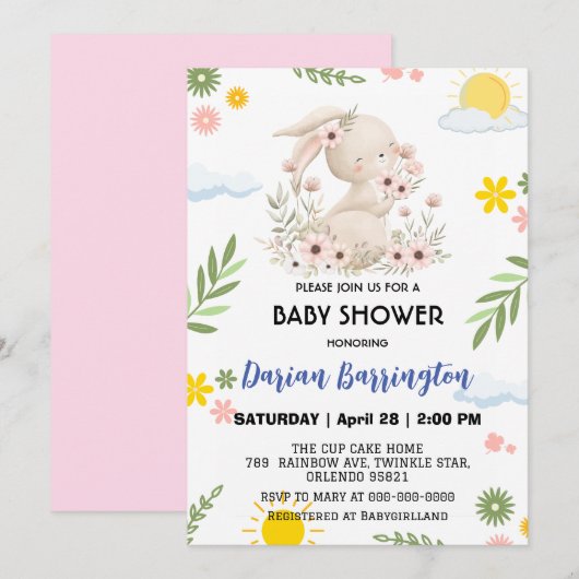 Niedliches Rosa Hasen Blume Sonnen Mädchen Dusche Einladung (Vorne/Hinten)