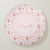 Niedliches rosa Hasengartenmuster Monogramm Rundes Kissen (Vorderseite)
