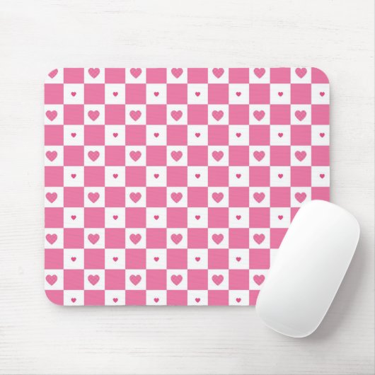 Niedliches rosa Herz Girly Pink Weiß Schachbrett M Mousepad (Mit Mouse)