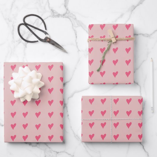 Niedliches rosa Herzmuster Handgezeichnet Geschenkpapier Set (Vorderseite)