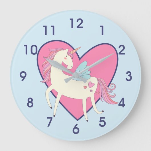 Niedliches rosa Herzunicorn-Kinderzimmer Große Wanduhr (Vorderseite)