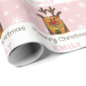 Niedliches Rosa Hirsch Zeichnend Schneeflocken Wei Geschenkpapier (Rolleneckpunkt)