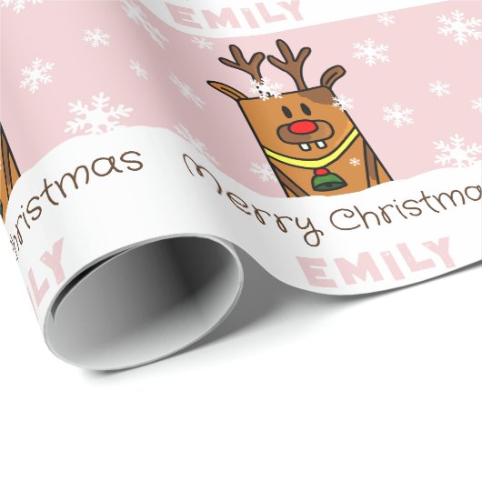 Niedliches Rosa Hirsch Zeichnend Schneeflocken Wei Geschenkpapier (Rolleneckpunkt)