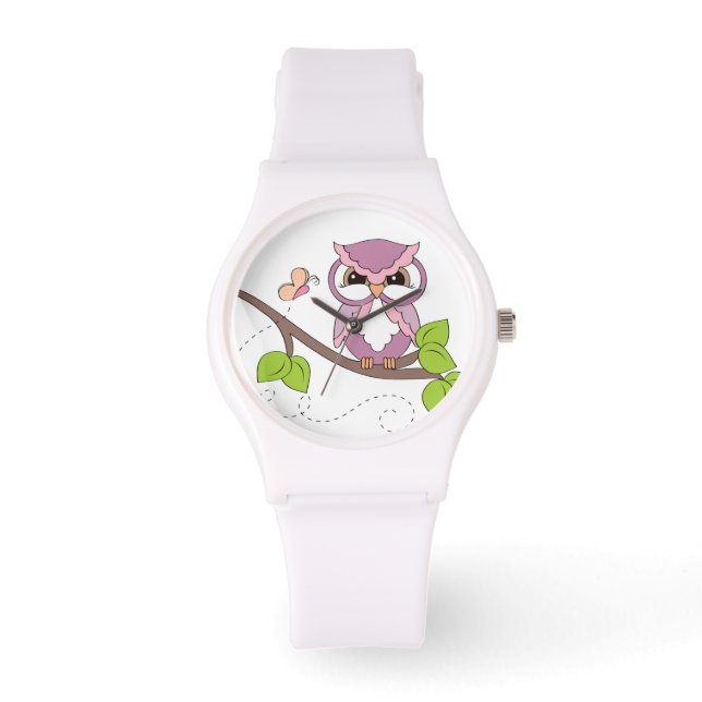 Niedliches rosa Hoot Owl auf der Zweigstelle Armbanduhr (Vorderseite)