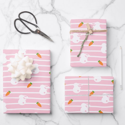 Niedliches rosa Kaninchen- und Karottenmuster Geschenkpapier Set (Vorderseite)