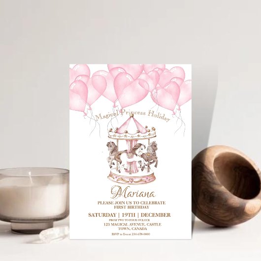 Niedliches Rosa Karussell Einhorn 1. Kindergeburts Einladung