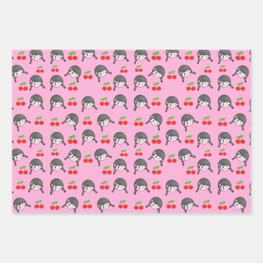 Niedliches Rosa Kirschmädchen Geschenkpapier Set (Vorderseite)