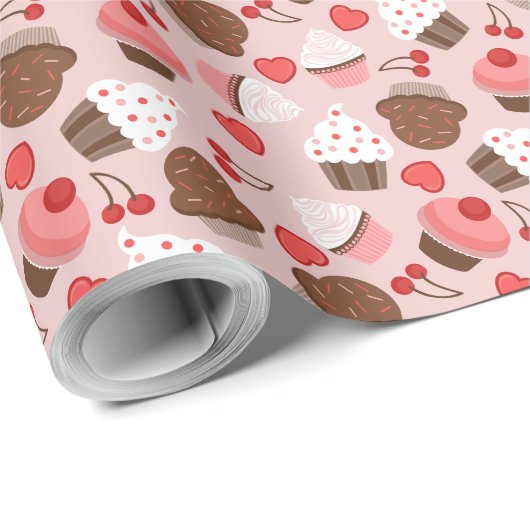 Niedliches rosa Kuchen-, Herz-und Kirschmuster Geschenkpapier (Rolleneckpunkt)