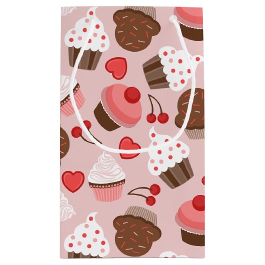 Niedliches rosa Kuchen-, Herz-und Kirschmuster Kleine Geschenktüte (Rückseite)