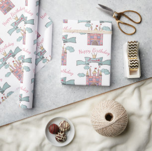 Niedliches Rosa Märchen Burg Individuelle Name Geschenkpapier