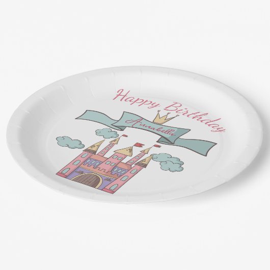 Niedliches Rosa Märchen Burg Individuelle Name Pappteller (Schrägansicht)