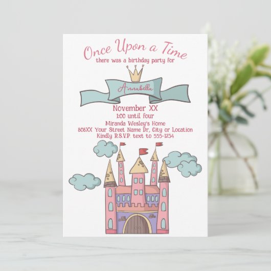 Niedliches Rosa Märchen Burg Princess Einladung (Stehend Vorderseite)